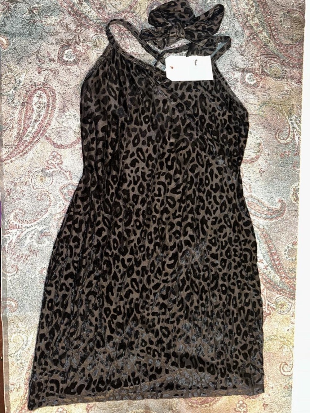 S/M Fashion Brand Company Black Leopard Mesh Mini Dress w/ neck sash